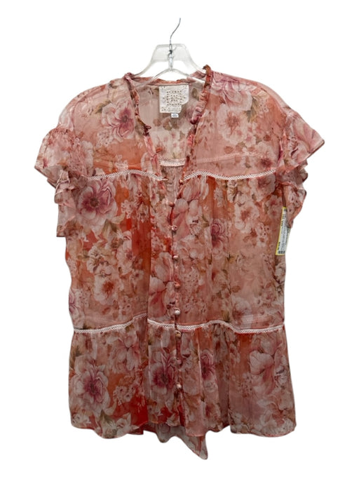 Johnny Was Jade Size XXS Orange & Pink Silk Ruffle Cap Sleeve Floral Top Orange & Pink / XXS