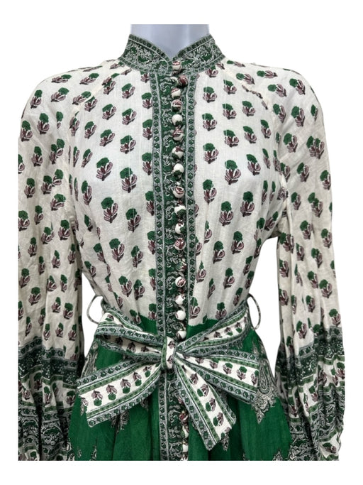 Zimmerman Size 0 White, Green, Multi Linen Long Sleeve All Over Print Midi Dress White, Green, Multi / 0
