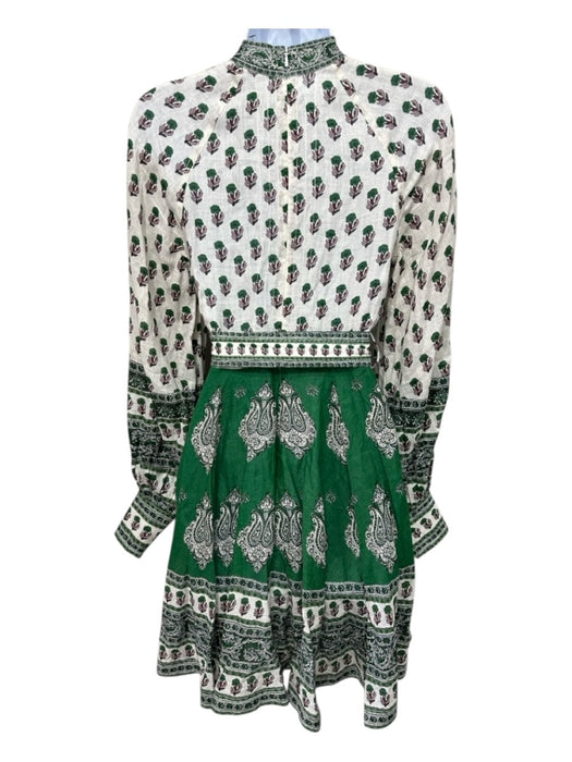 Zimmerman Size 0 White, Green, Multi Linen Long Sleeve All Over Print Midi Dress White, Green, Multi / 0