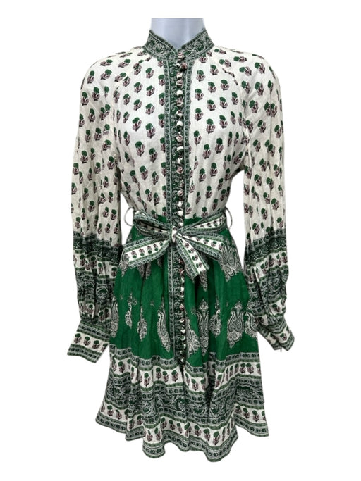 Zimmerman Size 0 White, Green, Multi Linen Long Sleeve All Over Print Midi Dress White, Green, Multi / 0