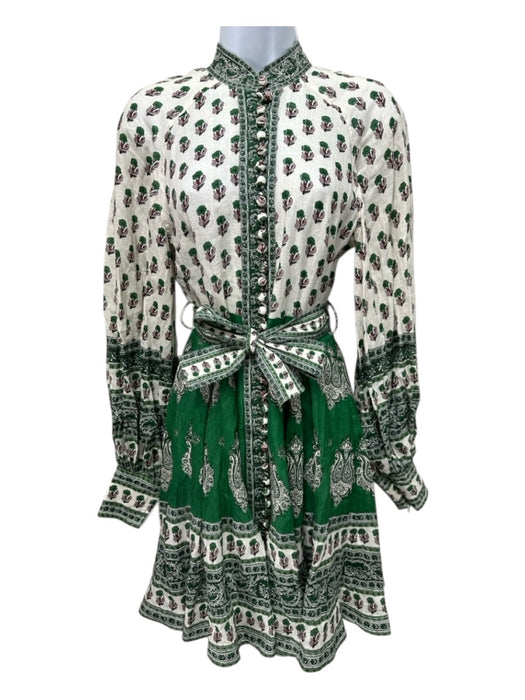 Zimmerman Size 0 White, Green, Multi Linen Long Sleeve All Over Print Midi Dress White, Green, Multi / 0