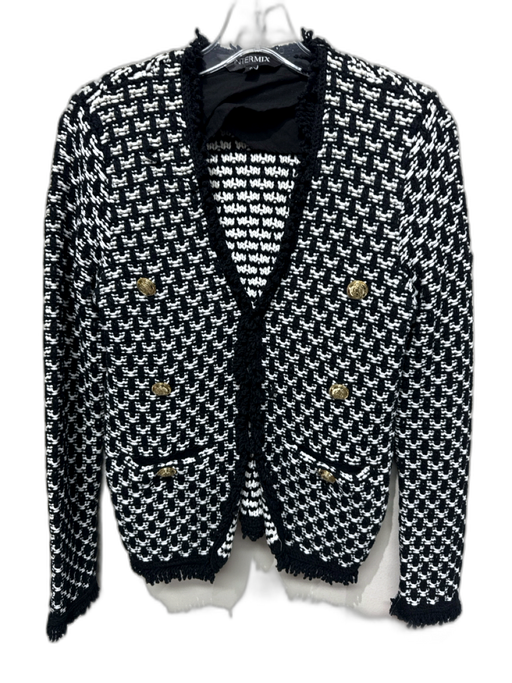 Intermix Size 0 Black & White Cotton Blend Knit Long Sleeve Open Fringe Cardigan Black & White / 0