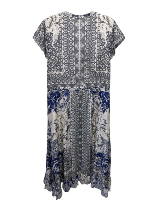 Johnny Was Size Large Blue, Gray, White Short Sleeve Floral Quarter Button Dress Blue, Gray, White / Large