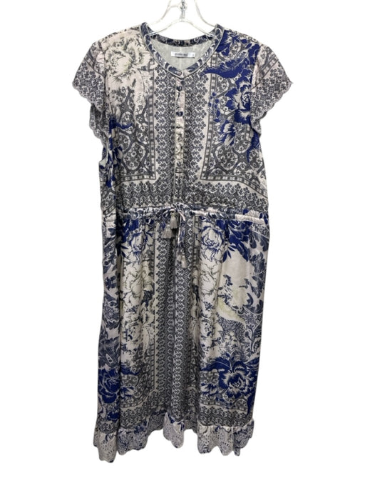 Johnny Was Size Large Blue, Gray, White Short Sleeve Floral Quarter Button Dress Blue, Gray, White / Large