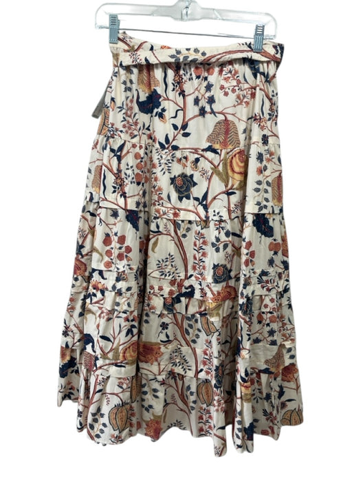 Ulla Johnson Size 10 Cream, Orange, Blue Cotton Tiered Floral Maxi Skirt Cream, Orange, Blue / 10