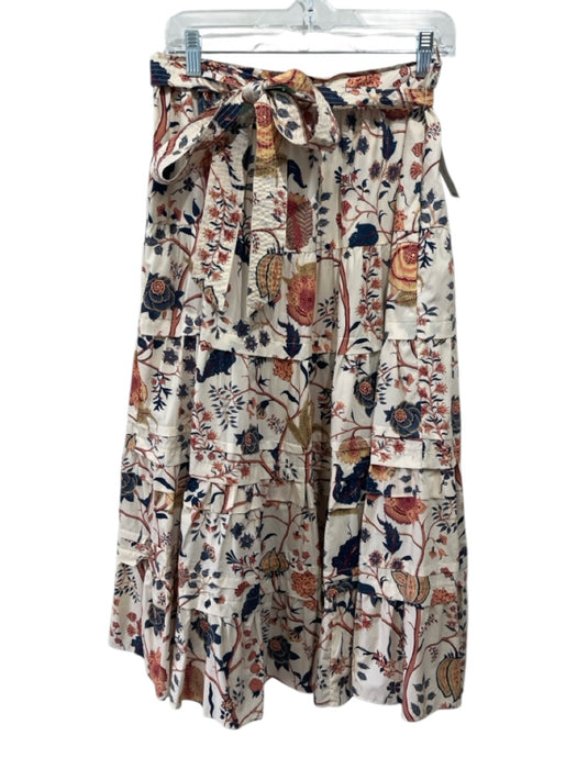 Ulla Johnson Size 10 Cream, Orange, Blue Cotton Tiered Floral Maxi Skirt Cream, Orange, Blue / 10