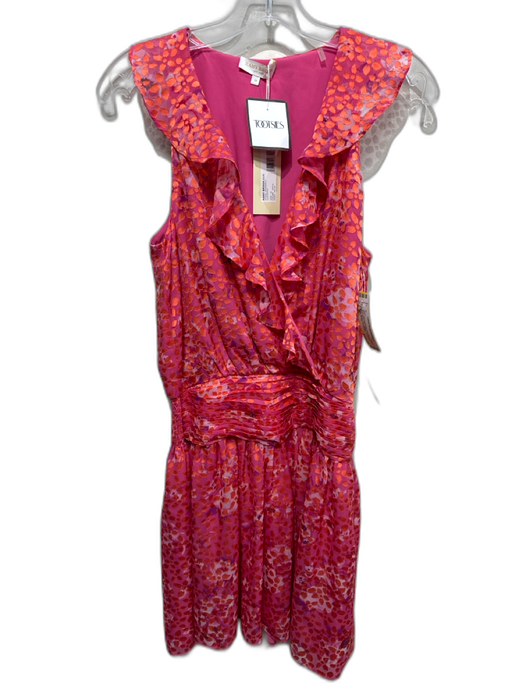 Ramy Brook Size M Pink & Orange Poly Blend V Neck Sleeveless Mini Ruffles Dress Pink & Orange / M