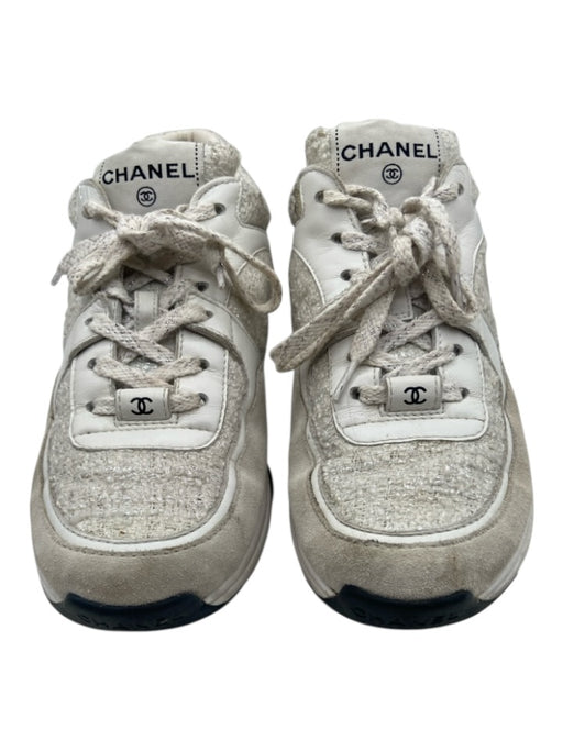 Chanel Shoe Size 36.5 White Leather Tweed Shimmer Low Top Sneakers White / 36.5