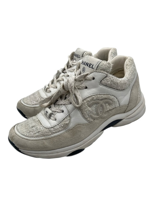 Chanel Shoe Size 36.5 White Leather Tweed Shimmer Low Top Sneakers White / 36.5