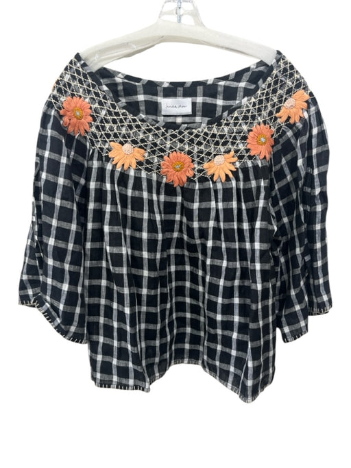 Innika Choo Size One Size Black, White, Multi Linen Embroidered Plaid Top Black, White, Multi / One Size