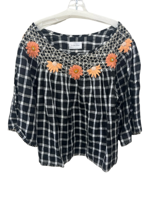 Innika Choo Size One Size Black, White, Multi Linen Embroidered Plaid Top Black, White, Multi / One Size
