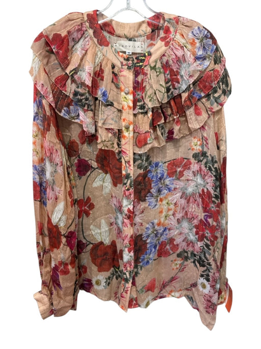 Korovilas Size 10 Orange, Red, Multi bemberg Metallic Stripe Floral Ruffle Top Orange, Red, Multi / 10
