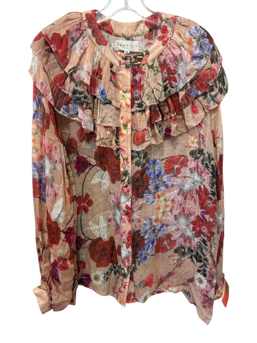 Korovilas Size 10 Orange, Red, Multi bemberg Metallic Stripe Floral Ruffle Top Orange, Red, Multi / 10