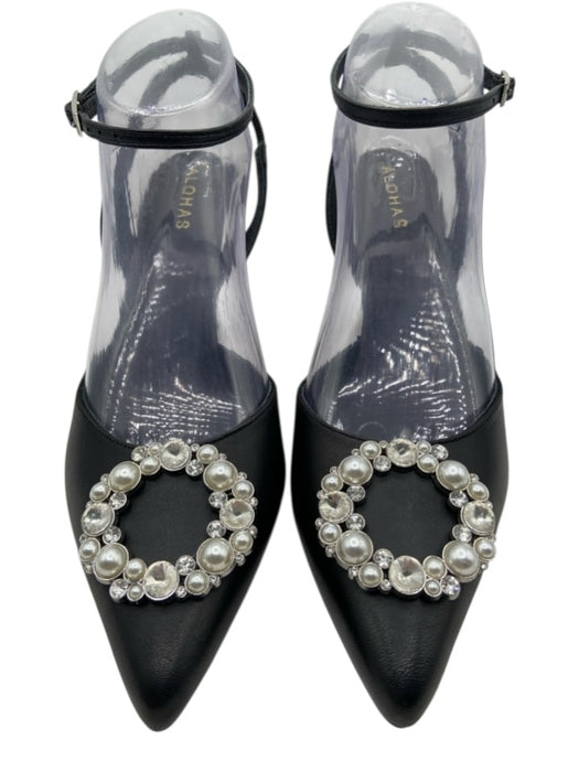 Alohas Shoe Size 39 Black Leather Faux Pearl Pointed Toe Embellished Pumps Black / 39