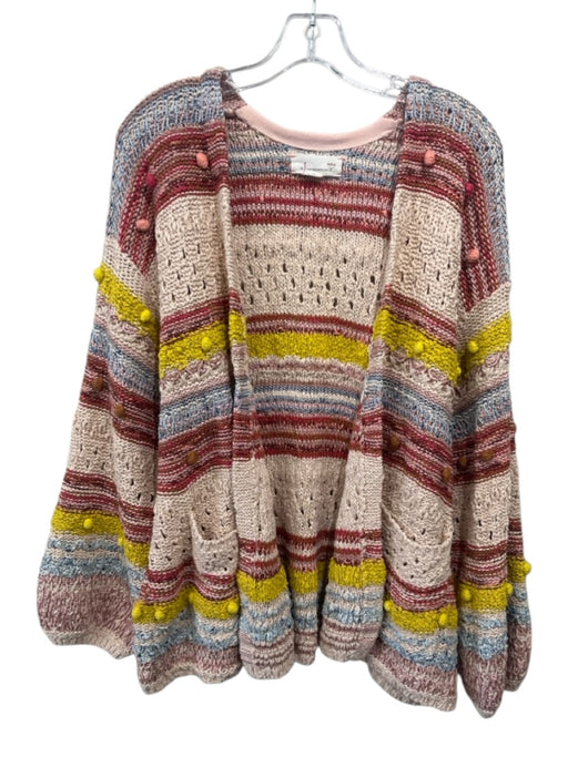 Anthropologie Size L Beige, Red, Yellow Cotton Blend Bubble Knit Stripe Cardigan Beige, Red, Yellow / L