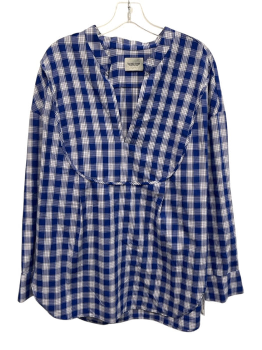 Rachel Comey Size 10 Blue & White Rayon Blend Plaid Long Sleeve V Neck Top Blue & White / 10