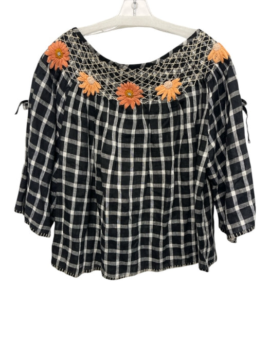 Innika Choo Size One Size Black, White & Orange Print Linen Plaid Wide Neck Top Black, White & Orange Print / One Size