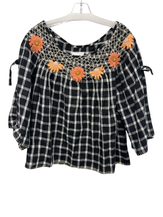 Innika Choo Size One Size Black, White & Orange Print Linen Plaid Wide Neck Top Black, White & Orange Print / One Size