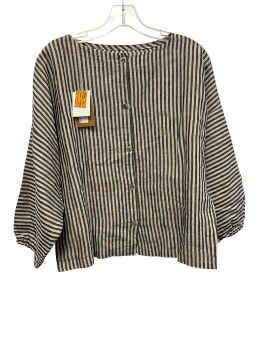Ichi Antiquites Size Est L Taupe Beige & Blue Linen Striped Boat Neck Top Taupe Beige & Blue / Est L