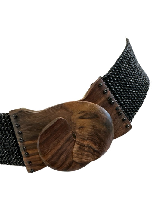 Brown & Black Wood & Beads Stretch Clasp Buckle Belts Brown & Black