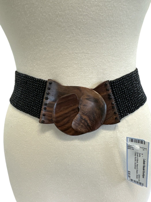 Brown & Black Wood & Beads Stretch Clasp Buckle Belts Brown & Black