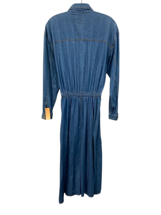 LizWear Size M Medium Wash Cotton Denim Buttons Elastic Waist Long Sleeve Dress Medium Wash / M