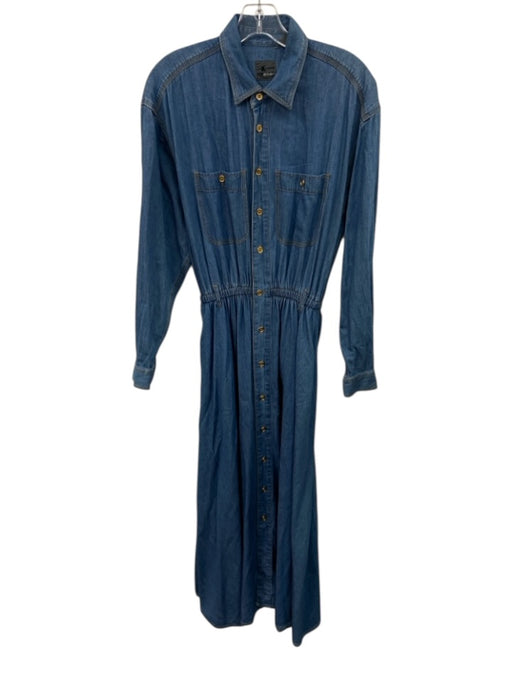 LizWear Size M Medium Wash Cotton Denim Buttons Elastic Waist Long Sleeve Dress Medium Wash / M