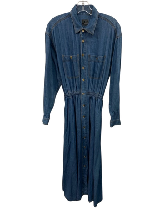 LizWear Size M Medium Wash Cotton Denim Buttons Elastic Waist Long Sleeve Dress Medium Wash / M