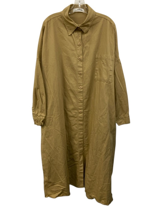 The Frankie Shop Size L Yellow Beige Cotton 3/4 Sleeve Buttons Collar Midi Dress Yellow Beige / L