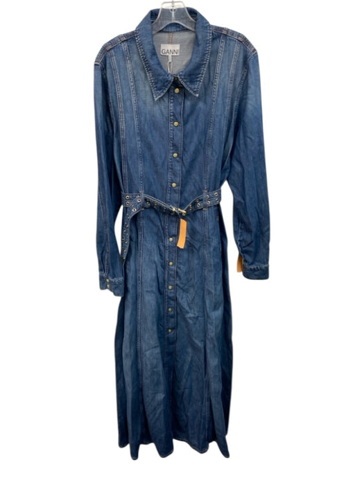 Ganni Size 10/12 Medium Wash Cotton Denim Long Sleeve Snaps Collar Maxi Dress Medium Wash / 10/12
