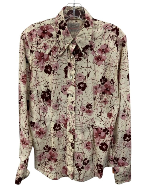 H Bar C Size 38 Pink, Red, Cream Pearl Snaps Floral Print Long Sleeve Collar Top Pink, Red, Cream / 38