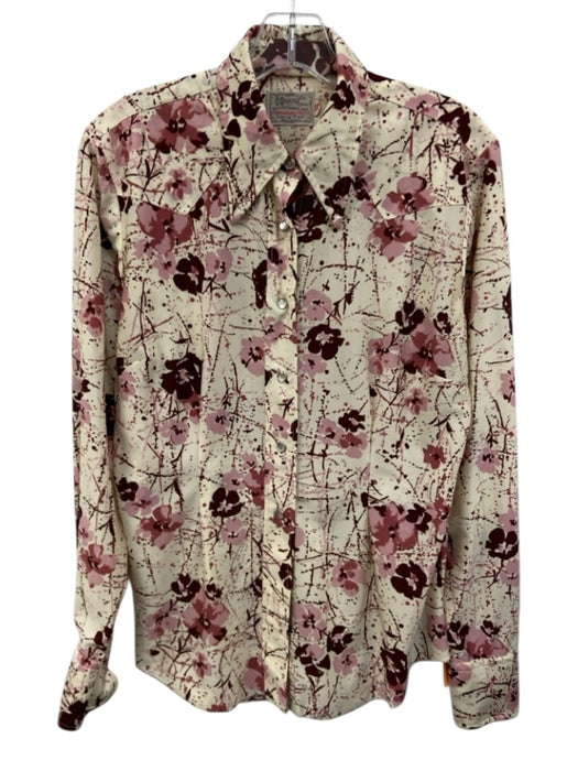 H Bar C Size 38 Pink, Red, Cream Pearl Snaps Floral Print Long Sleeve Collar Top Pink, Red, Cream / 38