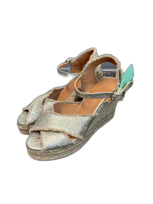 Castaner Gold Fabric Metallic Peep Toe Ankle Buckle Wedge Platform Shoes Gold