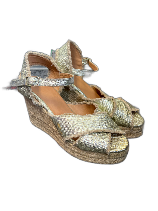 Castaner Gold Fabric Metallic Peep Toe Ankle Buckle Wedge Platform Shoes Gold