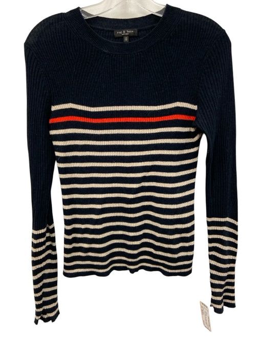 Rag & Bone Size Medium Navy, White, Orange Cotton Blend Long Sleeve Knit Sweater Navy, White, Orange / Medium