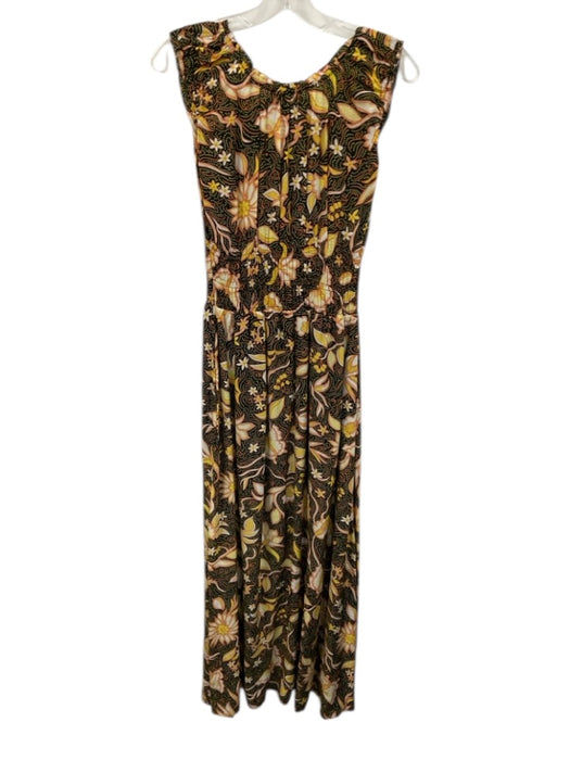 The Kooples Size 2 Yellow, Orange, Black Cap Sleeve Floral Shirred Midi Dress Yellow, Orange, Black / 2