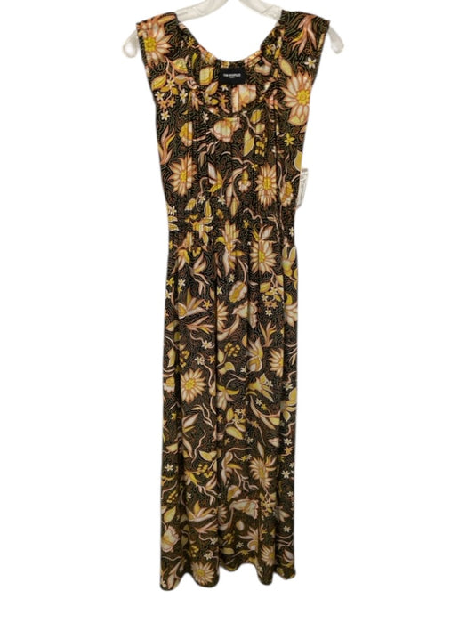 The Kooples Size 2 Yellow, Orange, Black Cap Sleeve Floral Shirred Midi Dress Yellow, Orange, Black / 2