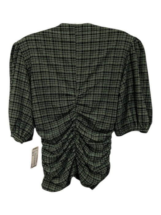 Ganni Size 40 Light Green & Black Polyester Blend Half Puff Sleeve Plaid Top Light Green & Black / 40