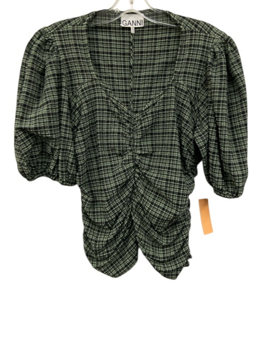 Ganni Size 40 Light Green & Black Polyester Blend Half Puff Sleeve Plaid Top Light Green & Black / 40