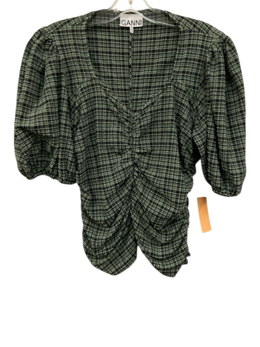 Ganni Size 40 Light Green & Black Polyester Blend Half Puff Sleeve Plaid Top Light Green & Black / 40