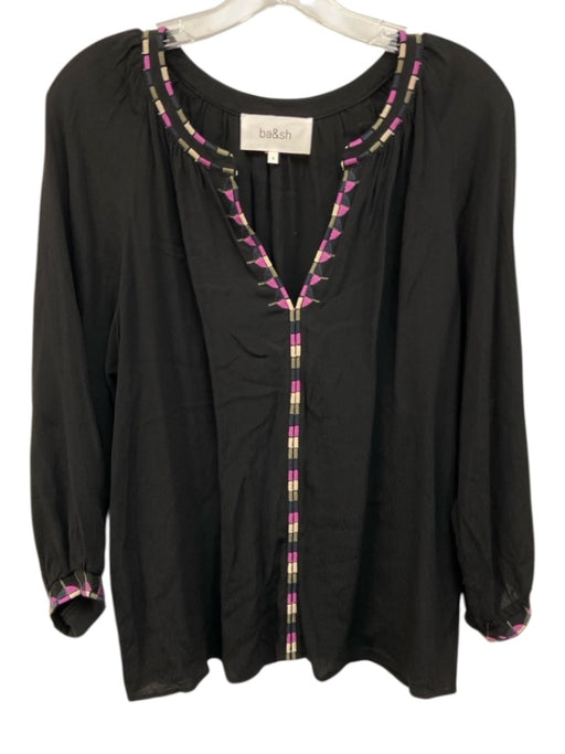 Ba&sh Size 0 Black, Purple, Blue Viscose Long Sleeve Embroidered Split Neck Top Black, Purple, Blue / 0