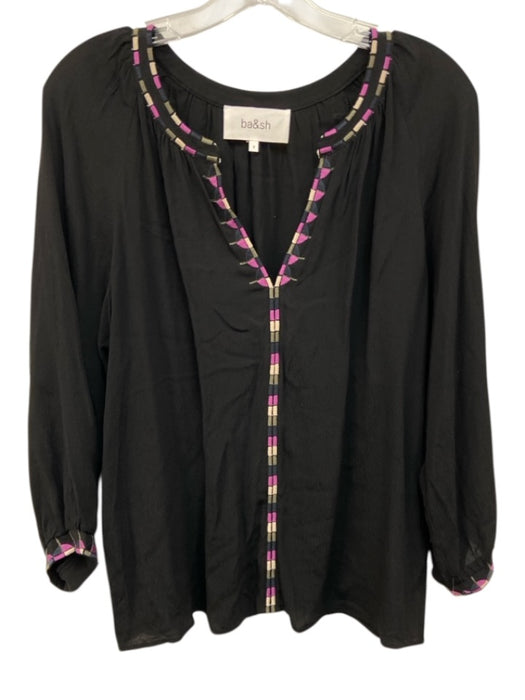 Ba&sh Size 0 Black, Purple, Blue Viscose Long Sleeve Embroidered Split Neck Top Black, Purple, Blue / 0