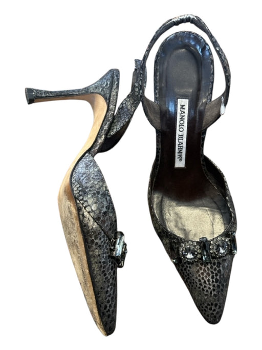 Manolo Blahnik Shoe Size 37 Gray & Silver Leather Croc Embossed Slingbacks Gray & Silver / 37