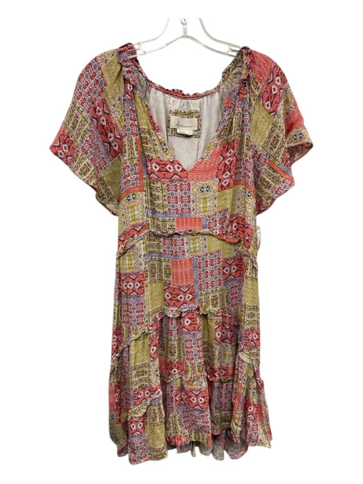 Anthropologie Size XS Orange, Yellow, Blue Viscose Mixed Print Ruffle Trim Dress Orange, Yellow, Blue / XS