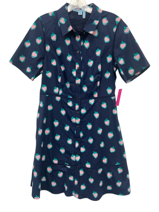 Draper James Size 10 Navy Blue & Pink Cotton Strawberry Print Short Sleeve Dress Navy Blue & Pink / 10