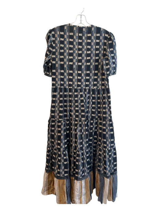 Ro's Garden Size S Blue Brown & Black Cotton Round Neck 1/2 Button Lined Dress Blue Brown & Black / S