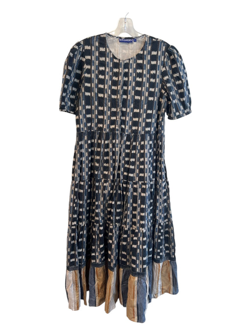 Ro's Garden Size S Blue Brown & Black Cotton Round Neck 1/2 Button Lined Dress Blue Brown & Black / S