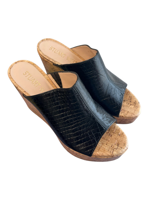 Stuart Weitzman Shoe Size 7.5 Black Embossed Leather Cork Platform Wedge Shoes Black / 7.5