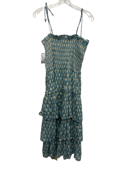 Oliphant Size M Aqua & Multi Cotton Smocked Sleeveless Tie Straps Midi Dress Aqua & Multi / M
