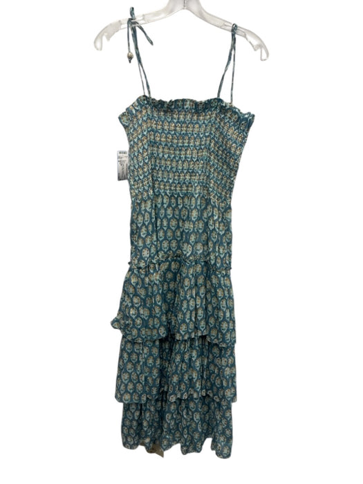 Oliphant Size M Aqua & Multi Cotton Smocked Sleeveless Tie Straps Midi Dress Aqua & Multi / M